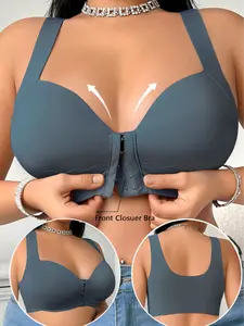 Front Closure Seamless Push-Up Bra, Easy-Close Wireless Support Lingerie, Wide Strap Comfort Bra with Smooth Fabric, Everyday Essential Bra, Deep Teal Blue