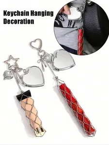 Metal Lipstick Holder Bag Charm With Replaceable Stainless Steel Pocket, Heart Star Decor Lipstick Case Keychain, Trendy Cute Keychain, With Mini Mirror, For Lip Balm & Cosmetics, Bag Pendant For Handbags & Purses, Portable Makeup Accessory For Women