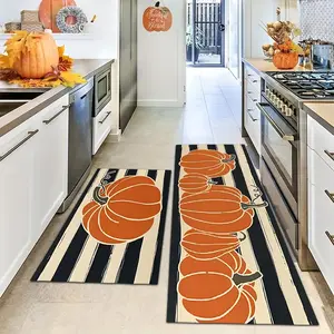 Two-Piece Pumpkin Kitchen Mats, Fall Kitchen Mats, Thanksgiving Decor Doormats, Home Seasonal Autumn Holiday Parties, Fall Maple Leaf Harvest, Gratitude & Blessings, Low-Profile Floor Mats