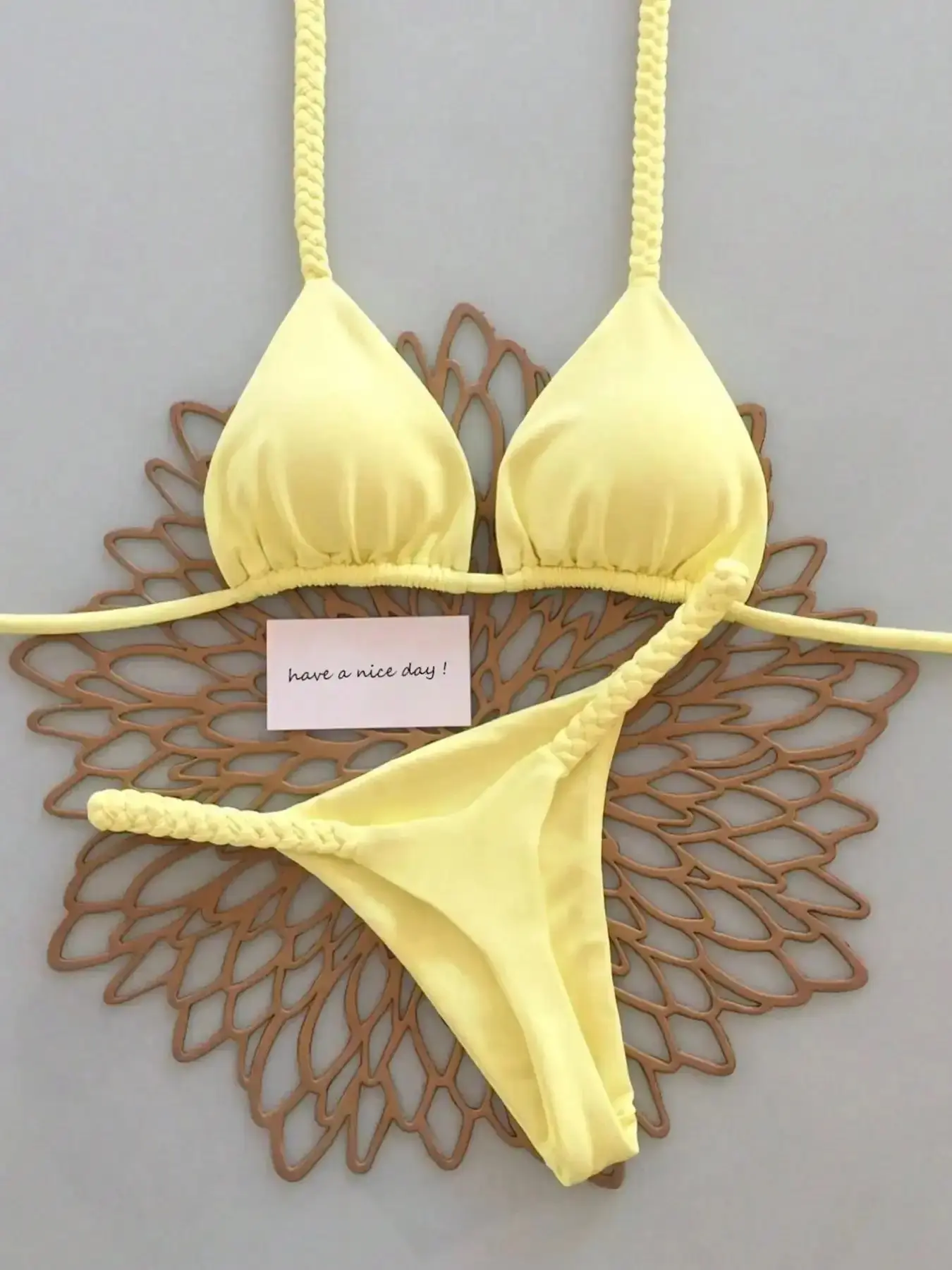 Women's French Lemon Bikini Set Braided Rope Halter Neck Triangle Pant Beachwear Swimsuit Summer Casual Swimwear Beach Bikinis Sets classic style modern classic wardrobe essential essential piece everyday wear
