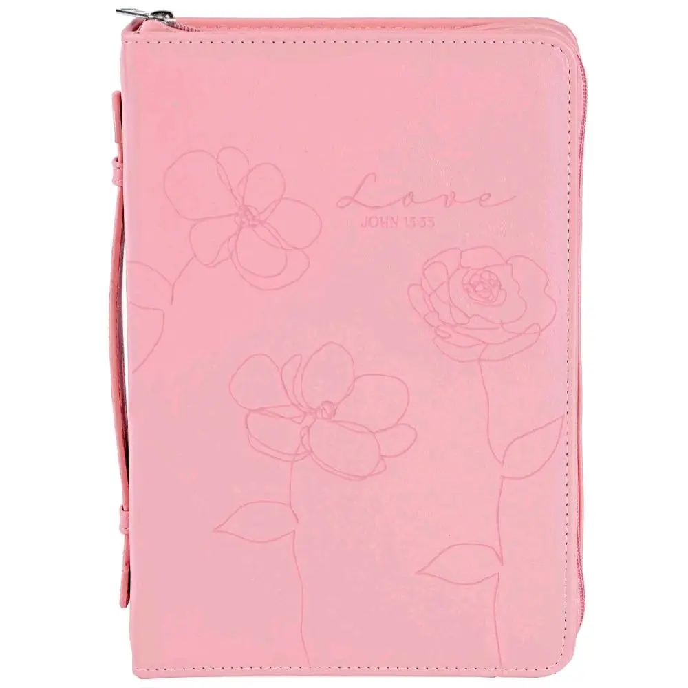 Love Floral Pink Bible Cover with John 13:35 Reference Debossed Florals Cross Zipper Pull Lay Flat Construction Elastic Pen Loop Carrying Handle Durable Non Rusting Zipper Nylon Reinforced Stitching 10 1 4 x 2 x 7 1 4 Inches