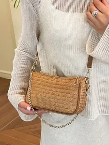 1pc Women's Holiday Grass-Weave Chain Crossbody Bag, Crossbody Shoulder Purse, featuring a fresh and casual style with leather trim details, perfect for beach trips, daily leisure outings, and vacation occasions