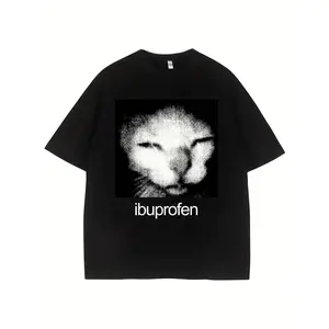Humorous Vintage Cat Meme Graphic T-Shirt Featuring Ibuprofen Text and Meme Face Design for Men and Women Casual Round Neck Tee
