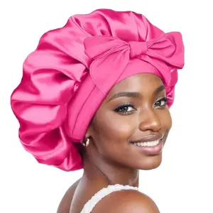 2Pcs Satin Bonnet Silk Set for Sleeping - Satin Lined Hair Bonnet w/ Bow Tie Band pink