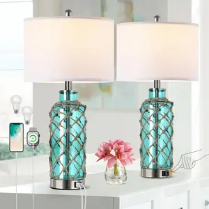 Cottage Nautical Accent Table Lamp Set of 2, Touch Coastal Blue Green Glass Rope Net Bedside Lamp with USB C+A Fast  Ports, 3-Way Dimmable Nightstand Lamps White Shade for Living Room Bedroom