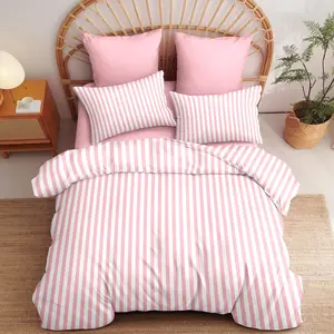 Striped Duvet Cover Queen Size Pink Stripe Geometry Bedding Set for Girls 3 Pieces Soft Microfiber Reversible White Geometric Stripes Comforter Cover with Zipper Closure and 2 Pillowcases
