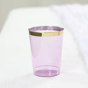 25-Pack Plastic Tumbler Cups 10oz Transparent Purple with Gold Rim - Disposable Crystal Drinking Glasses for Parties