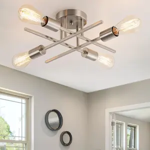 4-Light Modern Sputnik Chandeliers, Silver Mid Century Semi Flush Mount Ceiling Light Fixtures with E26 Base, Industrial Vintage Kitchen Farmhouse Light for Dining Room Bedroom Living Room