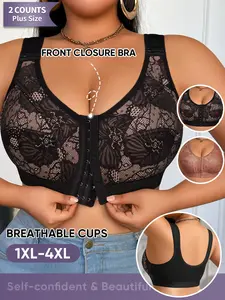 Plus Size Lace Push-Up Bra Set, 1xl-4xl Backless Design, Breathable & Comfortable, Easy Wear, All Seasons, Embroidered Pattern