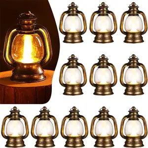 12pcs Mini Lantern With Flickering LED Candle, Vintage Candle Light Hanging Decorative, For Centerpiece Halloween Western Party Christmas Tree Decorations