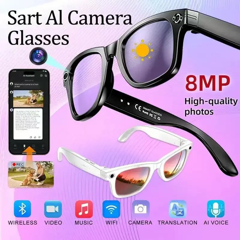 Multifunctional Smart Camera Glasses, 8mp Camera, Voice Assistant, Real-Time Translation, Photochromic Lenses, Bluetooth-compatible, Video Recording, Smart Sunglasses with Camera, Wireless Translation Glasses, Sunglasses with Cameras