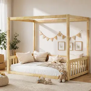 ARCH Twin Size Wooden Canopy Floor Bed with Guardrails and Fence, Natural Rubber Wood Montessori Kids Bed Frame for Bedroom Playroom, Easy Assembly, 41.5W x 77D x 58.3H Inches, Single Box Package, Twin Size Options, Natural Color Options