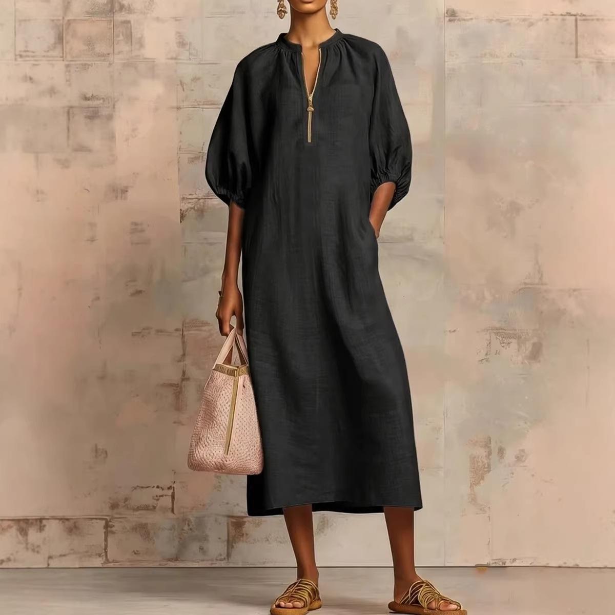Women's Boho Chic Dress Casual Solid Color Short Puff Sleeve Loose Linen Textured Flowy Sundress Outfit Women's Boho Chic Dress Casual Solid Color Short Puff Sleeve Loose Linen Textured Flowy Sundress Outfit