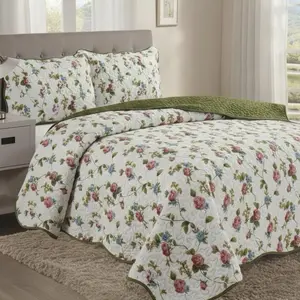 Monica 3 piece King Size Floral Quilt Set - 100% Cotton Soft Bedding