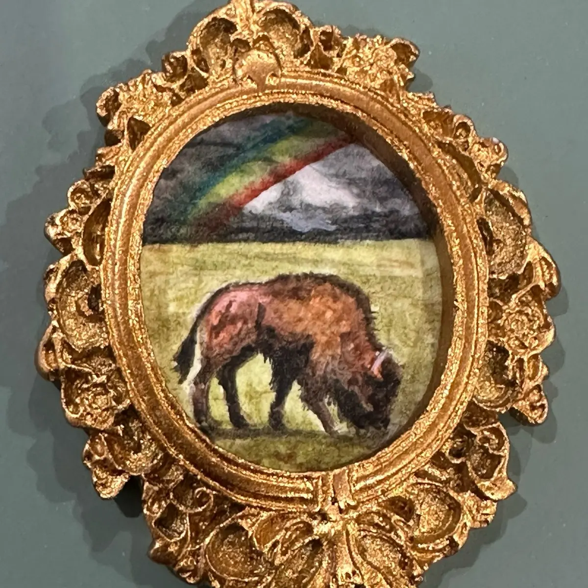 Mini Framed Buffalo and Rainbow Watercolor Painting