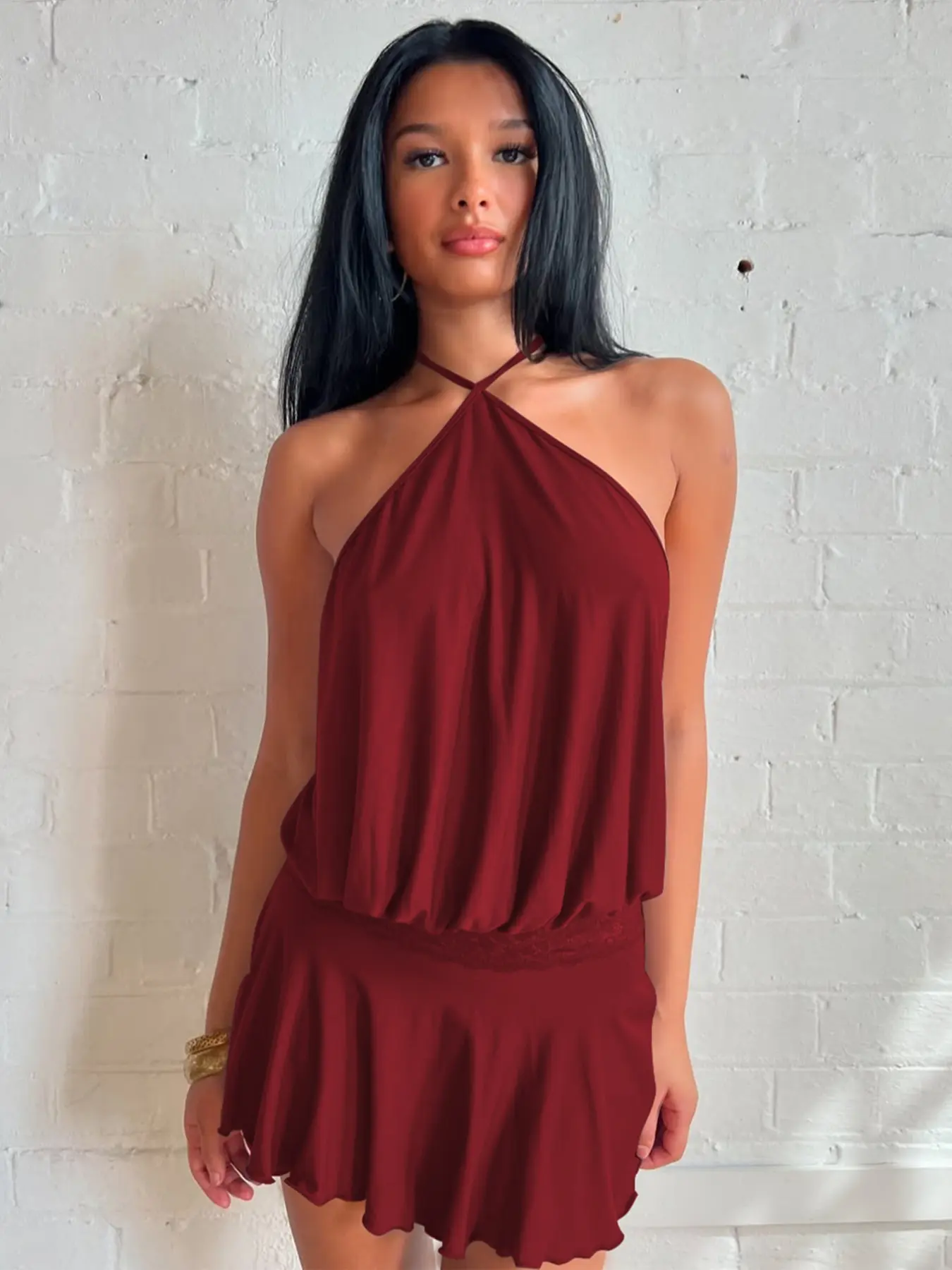 Women's Solid Color Lace Stitching Halter Neck Lace Up Sleeveless Backless Bodycon Slip Dress Plain Cut Women's Solid Color Lace Stitching Halter Neck Lace Up Sleeveless Backless Bodycon Slip Dress Plain Cut