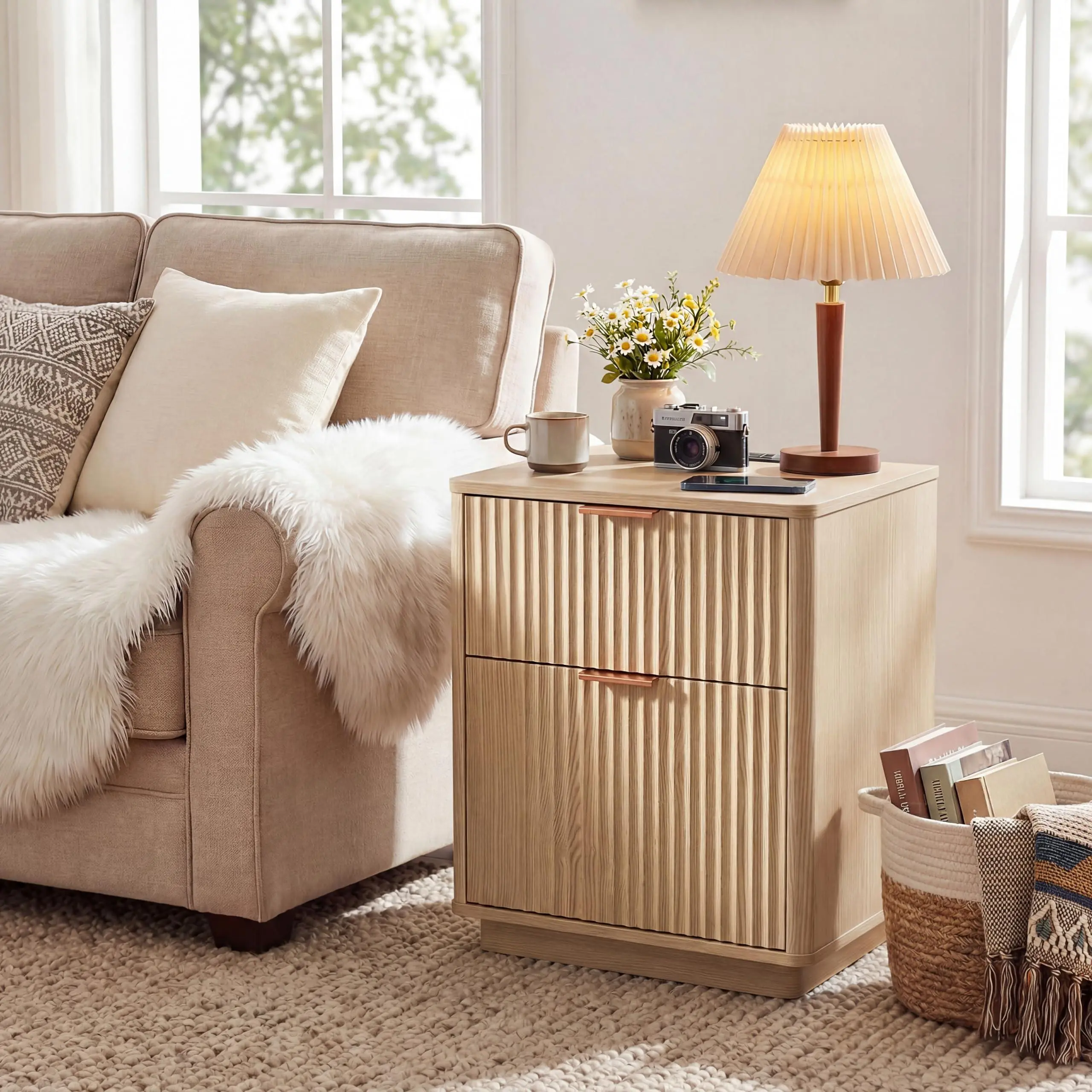Oak Wood 23-in Fluted Nightstand, Mid-Century 2-Drawer Side Table with Metal Handle & Charging Port, Curved Profile Modern Furniture for Bedroom, Living Room