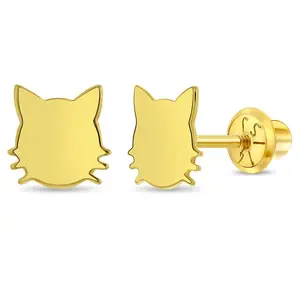 14k Gold Polished Kitty Kids / Children's / Girls Earrings Safety Screw Back