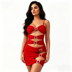 Red Cutout One-Piece Swimsuit with Rhinestone Buckle Detail, Spaghetti Strap Bodycon Monokini for Beach, Pool Party & Clubwear thong bikini
