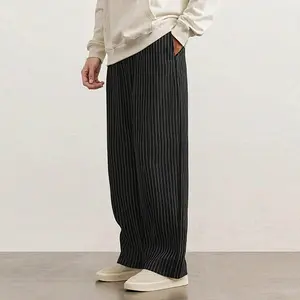 Men’s striped straight-leg casual trousers for spring and autumn; straight-leg business dress pants for spring and autumn; loose, versatile men’s long casual trousers Black