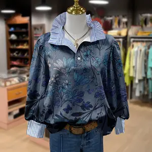 Cherrybetty Vintage Floral Print Elegant Long Sleeve Striped Blouse in Dark Blue for Women's Chic Fashion Top basic tops blouseswomen Fashion cute tops women FallFreshness for Teachers and Moms