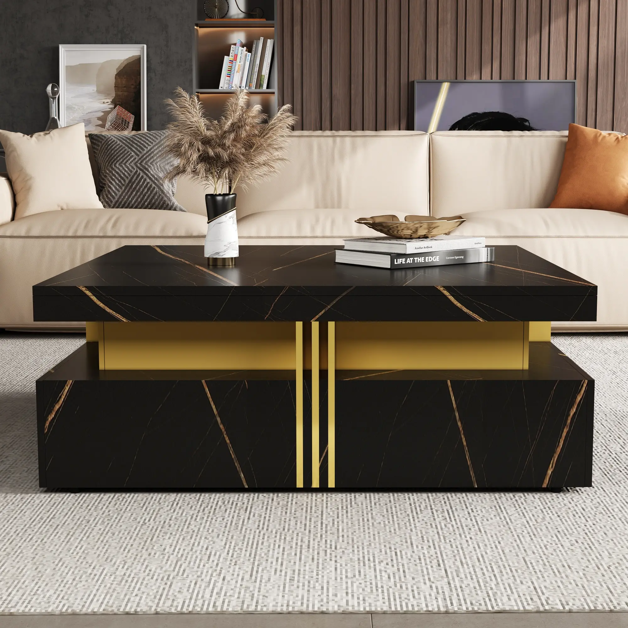 Bellemave Modern Black-Gold Square Furniture-Style Folding Collapsible Drawer-Style Storage Coffee Table - 4 Drawers, Durable MDF Construction, Luxury Gold Accents, Organize Essentials, Living Room Indoor Furniture, Furniture-Style Coffee Tables