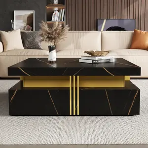 Bellemave Modern Black + Gold Square Storage Coffee Table with 4 Drawers MDF Construction for Durability Gold Accents for Luxurious Touch Living Room Decor Furniture Foldable