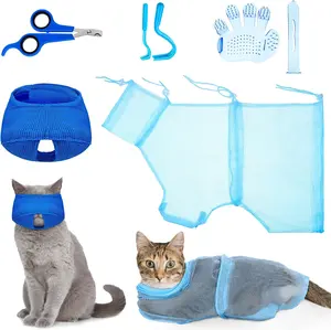 5 Pcs Cat Bathing Bag Set Cat Grooming Bag Adjustable Pet Shower Net Muzzles Nail Clipper Tick Remover Tool Massage Brush(Blue)