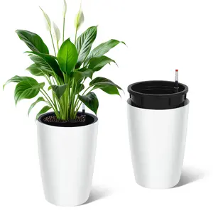 Self-Watering Tall Planters Set of 2 – 22" & 16" Large Indoor/Outdoor Flower Pots with Built-in Drainage & Water Level Monitor – Patio, Porch, Living Room, Black & White