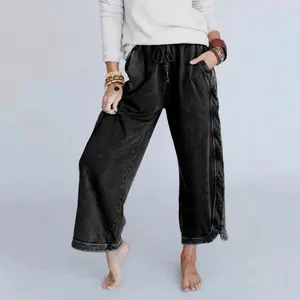 Women's Textured Wide-Leg Pants, High-Waisted Loose Straight-Leg Casual Pants with Draped Effect, Slimming Long Pants, Vintage Washed and Distressed Fashion Drawstring Pants