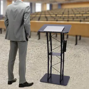 23.8 x 15.9 x 47 Inch Black Curved Podium Stand - Portable Metal Pulpit Lectern with Baffle & Cup Holder for Churches, Schools, Conference Rooms Modern Folding