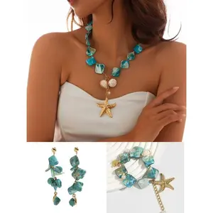 Bohemian Beach Resort Style Women's 3-Piece Jewelry Set: Shell, Starfish & Turquoise Necklace, Earrings, Bracelet | Holiday Party Accessories, Valentine's Day & Christmas Gifts (Limited-Time Offer)