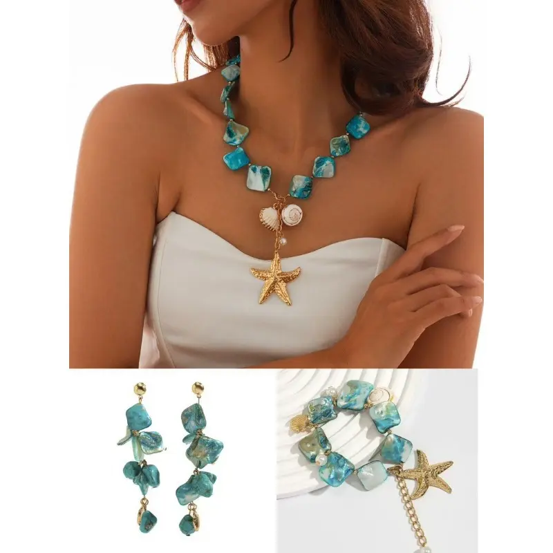 Bohemian Beach Resort Style Women's 3-Piece Jewelry Set: Shell, Starfish & Turquoise Necklace, Earrings, Bracelet | Holiday Party Accessories, Valentine's Day & Christmas Gifts