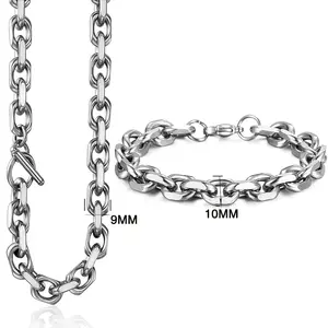 Mens Women Cable Chain Silvery Stainless Steel Cable Link Necklace Bracelet Jewelry Set 7-26"