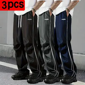 Men’s 3-pack summer jogging pants—straight-leg long pants with pockets, striped solid colors; suitable for outdoor hiking, running, and fitness; four-season men’s three-piece set; street-style athletic casual look. summervibes