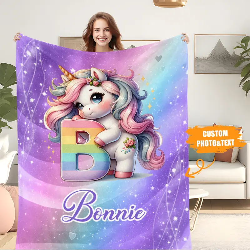 Personalized Name & Custom First Letter Unicorn Kid Blanket - Purple Cartoon Printed, Cozy Throw, Fuzzy Soft, Giftable, Heartfelt Gift for Kids, Birthday Bedding Linen, Personalized Blankets, Cozy Throw Blankets