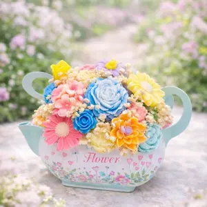 Blooming Tea Garden Candle Decor Colorful Floral Teapot Arrangement for Home Decor Fragrance Cozy Spring-Inspired Styling Tea Lovers Gift