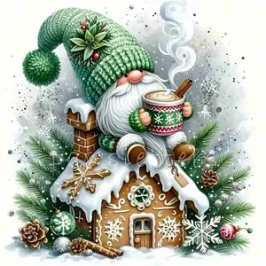 Christmas Gnome With Green Knit Hat & Hot Cocoa, Sitting On Gingerbread House In Snow, Cozy Winter Watercolor Style 5D Full Drill Round & Square Diamond Painting Kit, DIY Rhinestone Cross Stitch, Festive Holiday Wall Decor