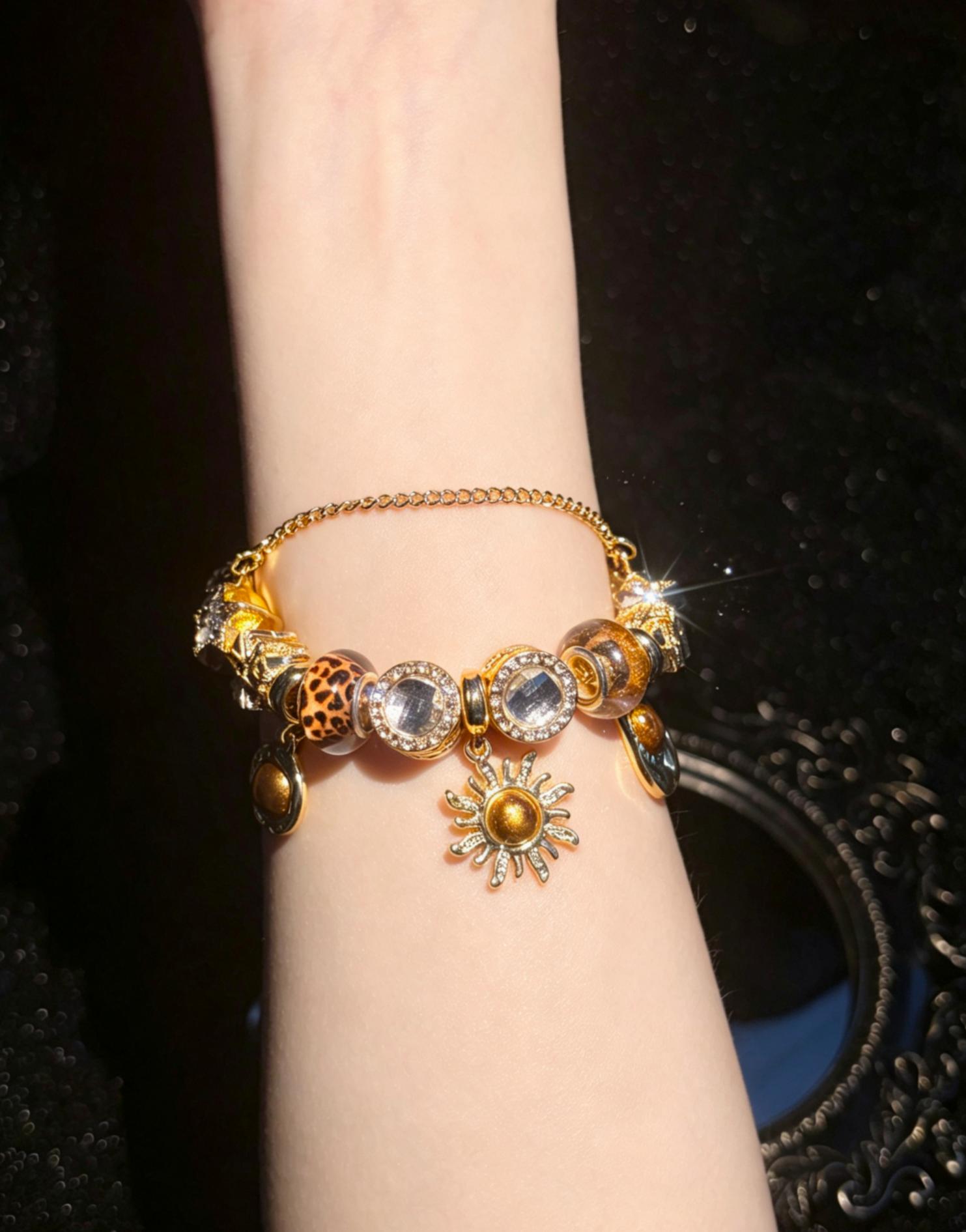 Women's Retro Bohemian Statement Bracelet - Gold-Tone Beaded Design with Leopard Print Bead Dangle Sun Charm, Fashion Costume Jewelry