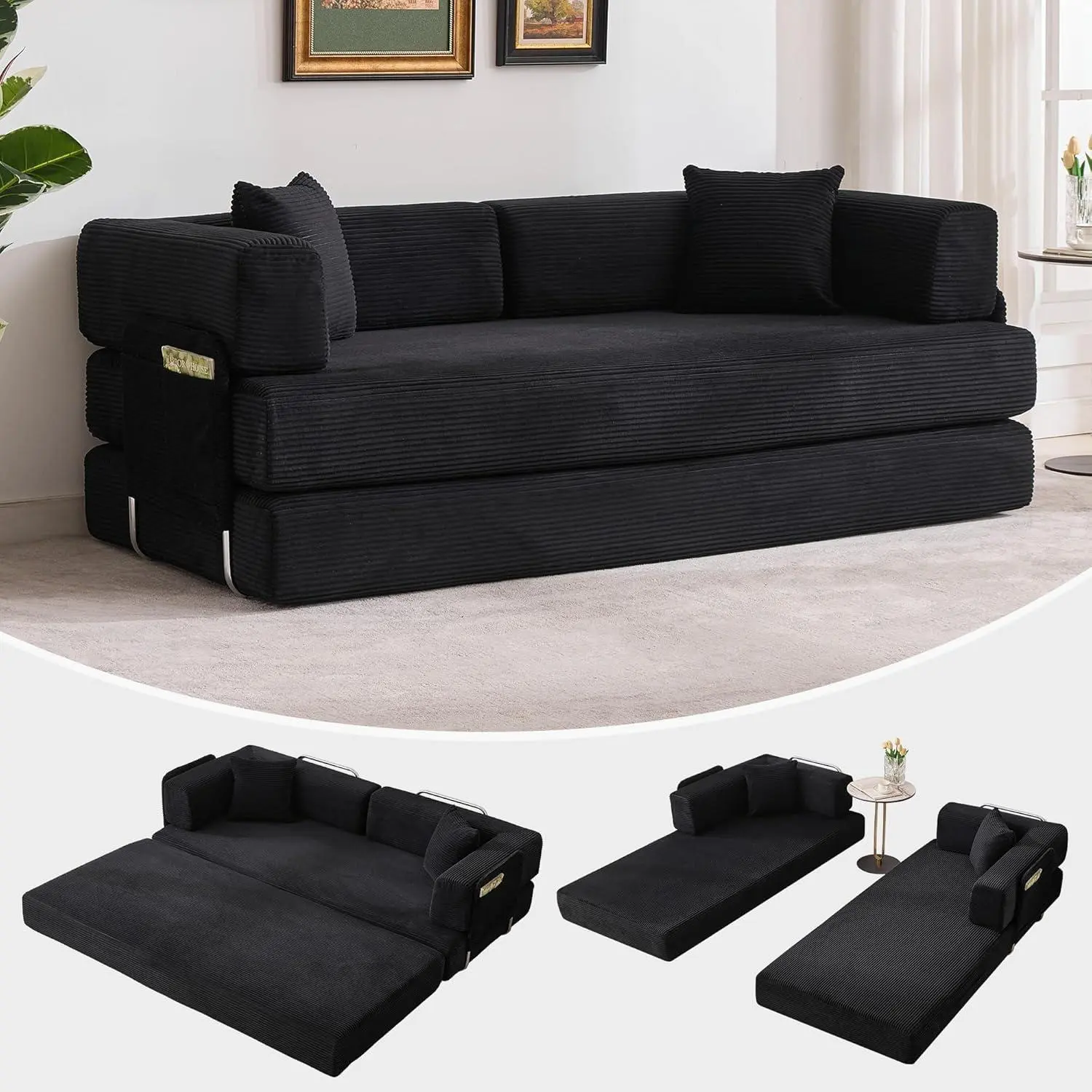 78.8" Convertible Floor Sofa Bed with Corduroy Fabric, Folding Sleeper Sofa with Pillow, Armrest and Backrest, Modular Couch Bed for Living Room, Bedroom, and Apartment