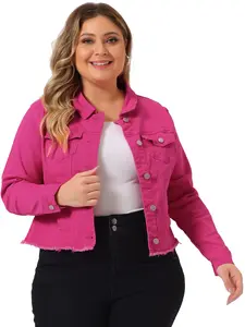 Agnes Orinda Plus Size Classic Washed Front Frayed Denim Jacket
