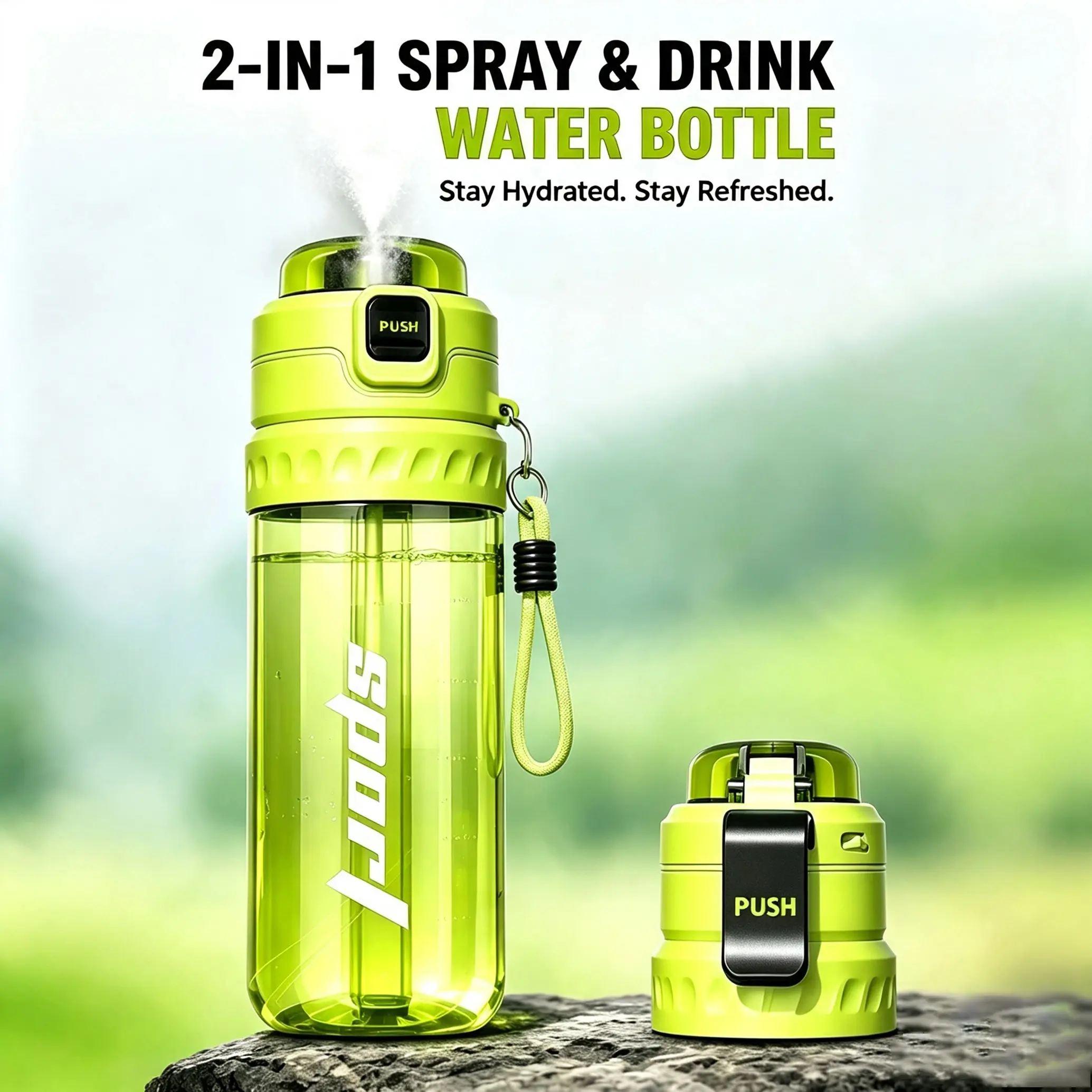 2-in-1 Spray & Drink Water Bottle 750ml Sports Bottle with Mist Function Push Button Lid & Carrying Strap for Outdoor Activities