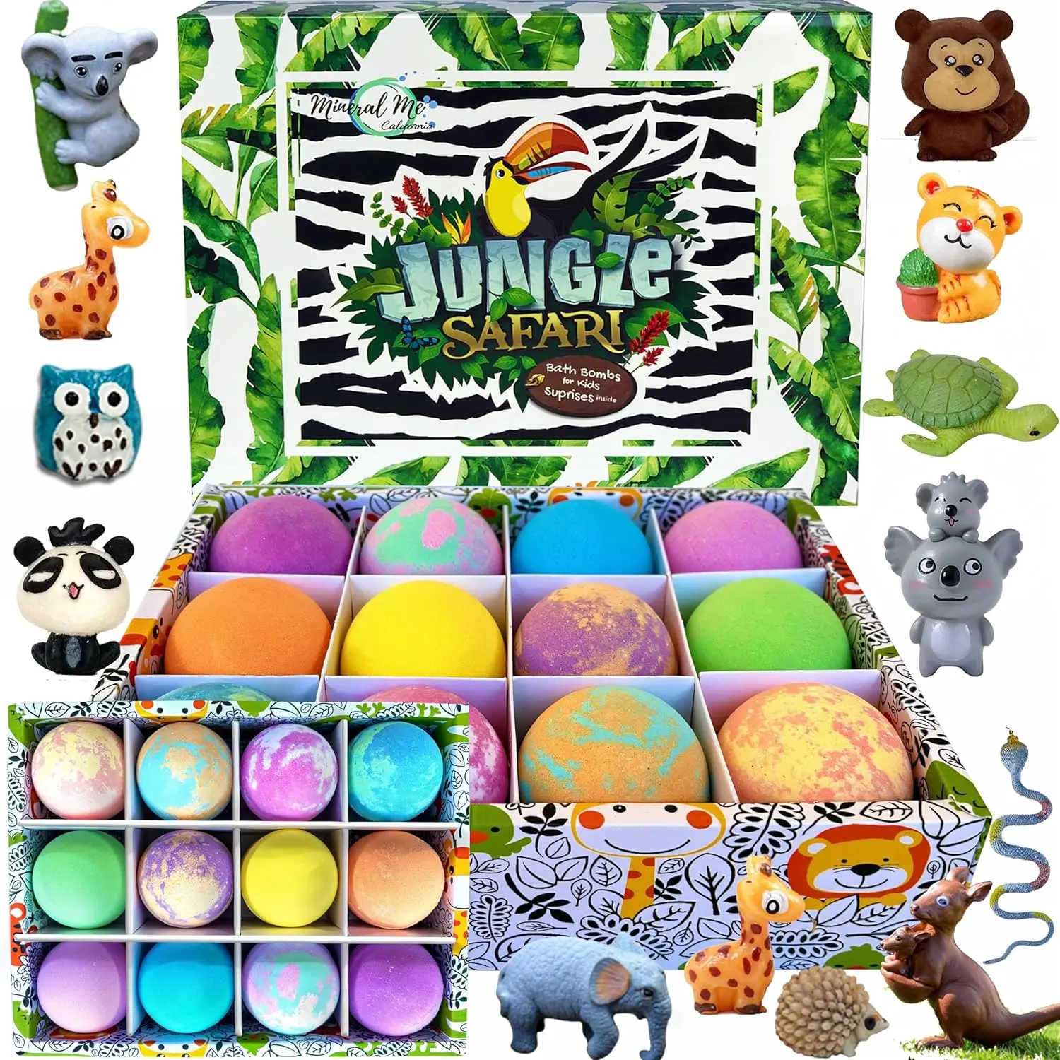 Bath Bombs for Kids with Surprise Inside, 12 Bubble Bath Fizzies with Jungle Animal Toys. Moisturizing, Gentle & Kids Safe, Rainbow Spa Bath Fizz, Stocking Stuffers Christmas Gifts for Boys, Girls Mineral Me California