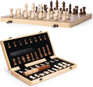 15" Wooden Chess Set | Folding Board, 2 Extra Queens | Magnetic Chess Board Set for Adults & Kids, Pieces Storage Slots Checkers Game for Kids Portable Travel Chess Game for Beginner
