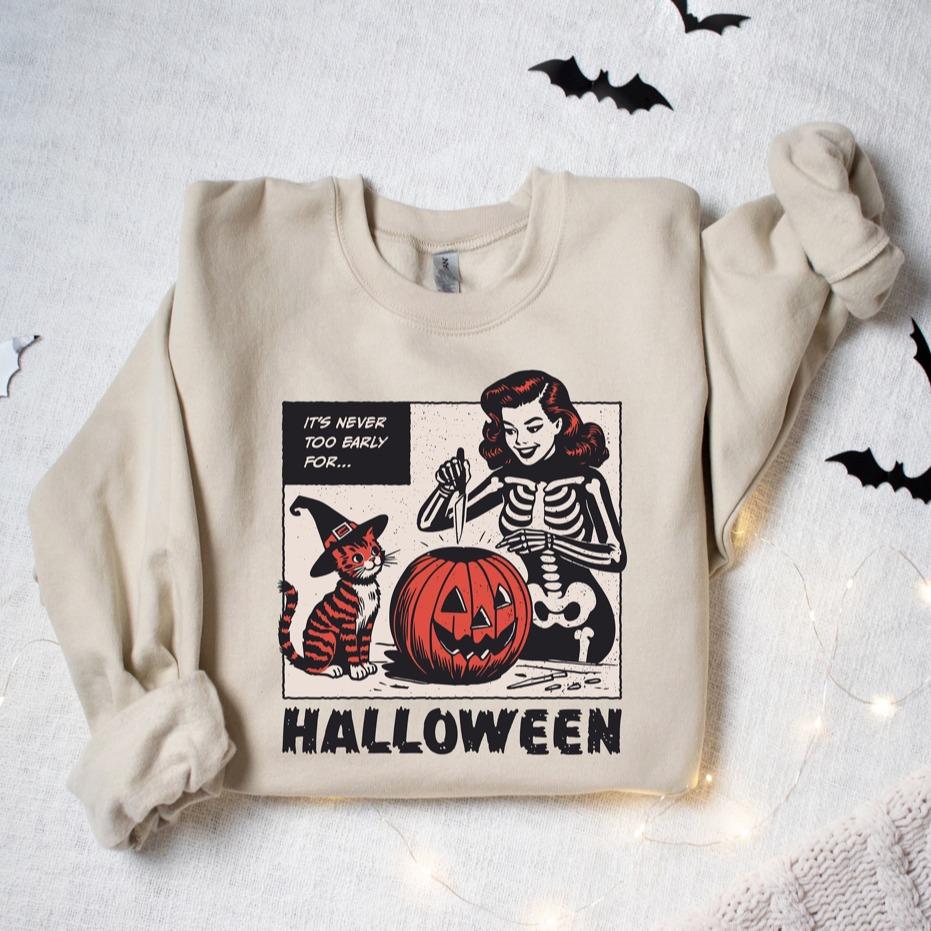 It’s Never Too Early for Halloween Sweatshirt – Skeleton Girl & Cat Graphic Pullover – Cozy Spooky Season Fall Sweatshirt for Halloween Lovers, Retro Mama Witch Cat Tee Shirt
