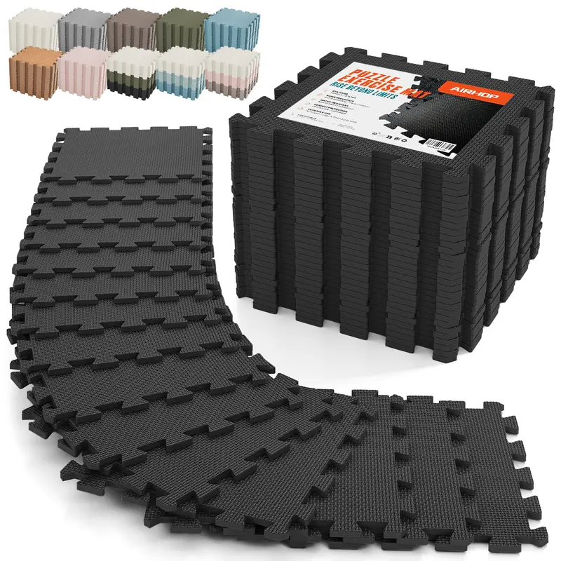 AIRHOP 18-Piece Shock-Cushion EVA Plastic Puzzle Exercise Mat Set - 0.4" Interlocking High-Density Foam Tiles (18 sq.ft), Waterproof Workout Training Mats for Home Gym, Yoga/Pilates, Gym Stuff Gift