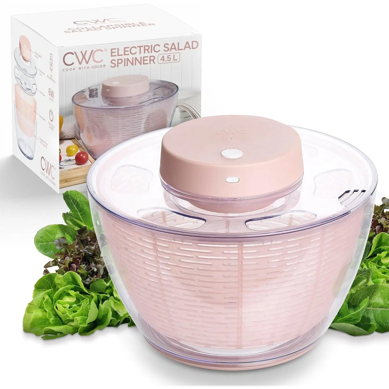 Plastic Electric Salad Spinner Bowl, 4.5L Round Kitchen Utensil - Fast Drying, Easy Spin for Fresh Greens, Pink, Utensils