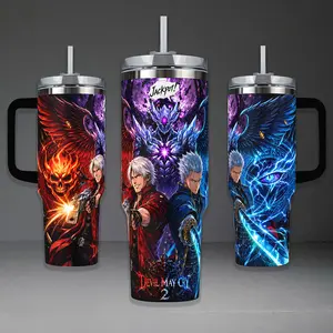 Dante & Vergil Devil May Cry Insulated Tumbler - 40oz Sin Devil Trigger Water Bottle with Handle & Lid, 20oz Sons of Sparda Jackpot Stainless Steel Portable Coffee Mug, Gamer Gift, Epic Blue & Red Design