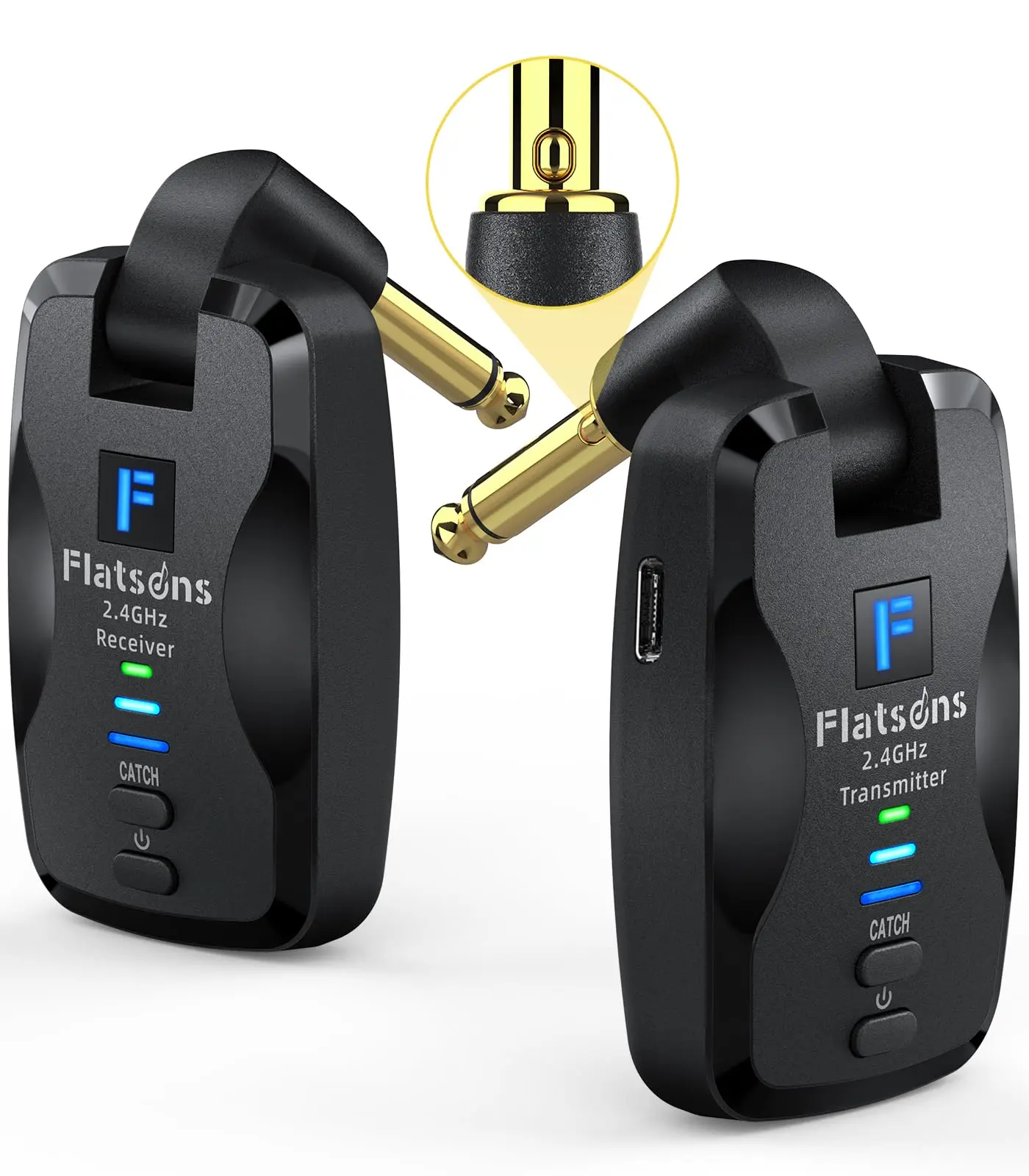 Flatsons-FW2D Wireless Guitar System Exclusive Mute Plug, 2.4 GHz Wireless Guitar Transmitter Receiver, 10H Working Cordless Guitar Transmitter Rechargeable USB C for Acoustic Electric Guitar Bass Ukulele etc