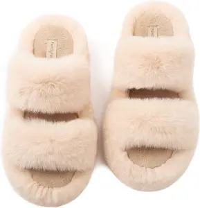 Familyfairy Women'S Fluffy Faux Fur Slippers Comfy Open Toe Two Band Slides with Fleece Lining and Rubber Sole FamilyFairy